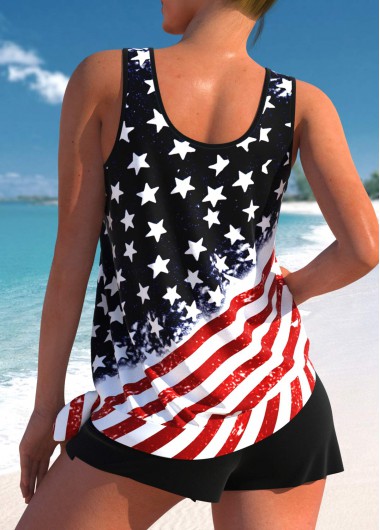 Black swimwear,Flag swimwear,ROTITA Bowknot Black American Flag Print Tankini Set