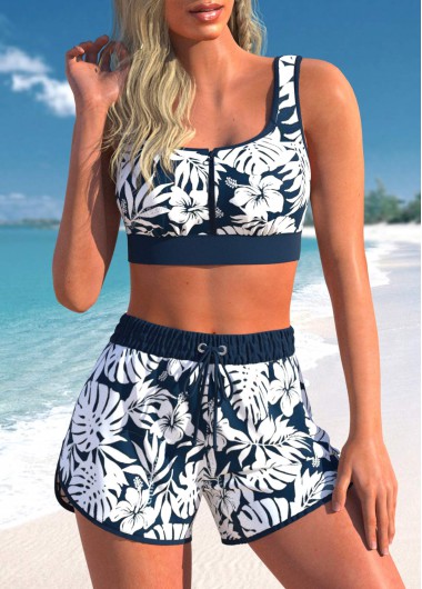 Navy swimwear,White swimwear,Floral swimwear,Plants swimwear,ROTITA Zipper Navy Floral Print High Waisted Bikini Set