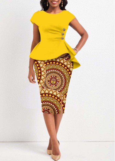 Yellow dresses,Tribal dresses,Striped dresses,Geometric dresses,Dot dresses,ROTITA Button Tribal Print Yellow Round Neck Bodycon Dress