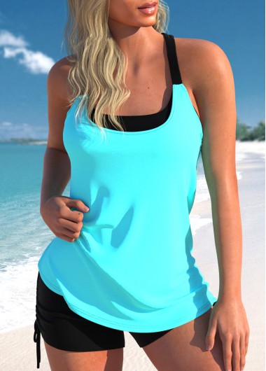 Cyan swimwear,Black swimwear,Contrast Color swimwear,ROTITA Fake 2in1 Cutout Cyan Tankini Top