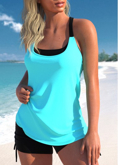 Cyan swimwear,Black swimwear,Contrast Color swimwear,ROTITA Fake 2in1 Cutout Cyan Tankini Top