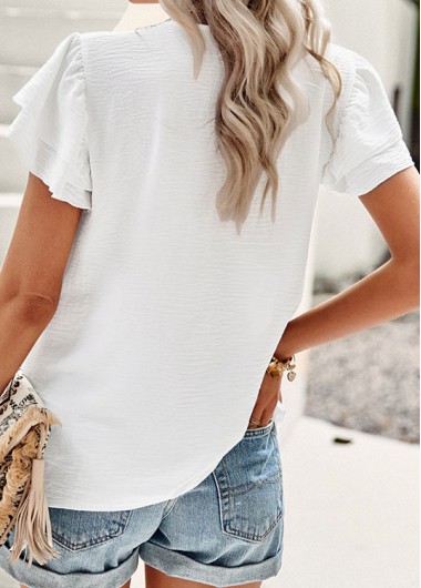 White tops,Plain Color tops,Asymmetry White V Neck Short Sleeve Blouse