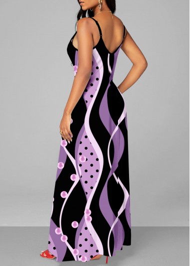 Light Purple dresses,Black dresses,Geometric dresses,Dot dresses,Striped dresses,ROTITA Cage Neck Geometric Print Light Purple Maxi Dress
