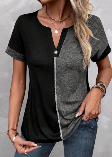 Dark Grey Marl tops,Black tops,Contrast Color tops,ROTITA Button Dark Grey Marl Split Neck T Shirt