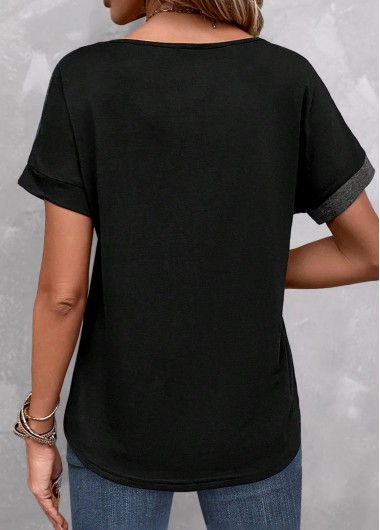 Dark Grey Marl tops,Black tops,Contrast Color tops,ROTITA Button Dark Grey Marl Split Neck T Shirt