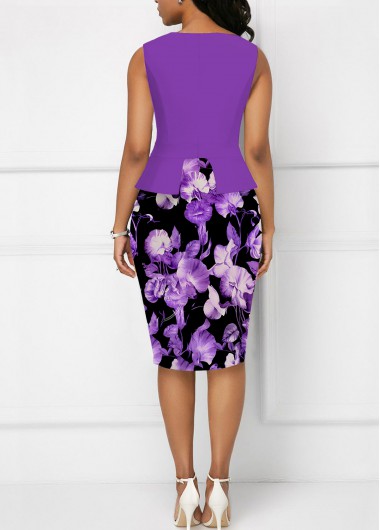 Purple dresses,Floral dresses,Plants dresses,ROTITA Fake 2in1 Floral Print Purple Bodycon Dress