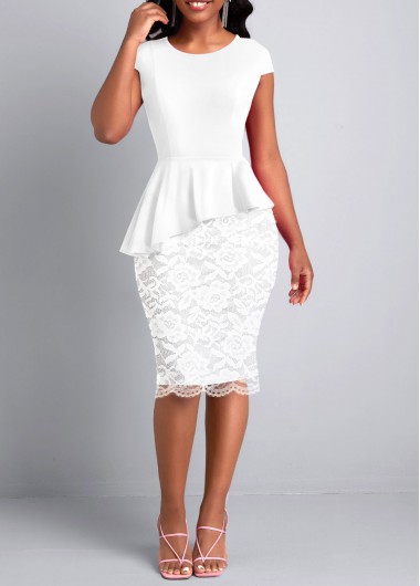 White dresses,Plain Color dresses,ROTITA Lace White Round Neck Short Sleeve Bodycon Dress