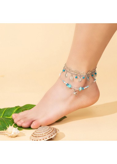 Silver jewelry,Sky Blue jewelry,Geometric jewelry,Plants jewelry,Leaf Alloy Detail Silver Anklet Set