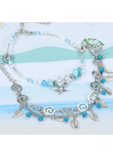 Silver jewelry,Sky Blue jewelry,Geometric jewelry,Plants jewelry,Leaf Alloy Detail Silver Anklet Set