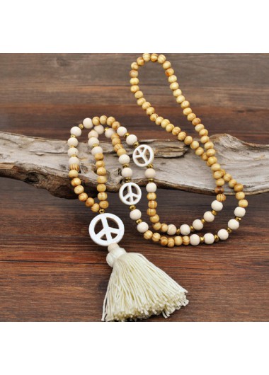 White jewelry,Dark Camel jewelry,Geometric jewelry,Round Wood Detail Tassel Design White Necklace