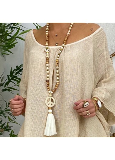 White jewelry,Dark Camel jewelry,Geometric jewelry,Round Wood Detail Tassel Design White Necklace