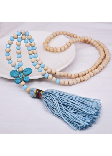 Neon Blue jewelry,Light Coffee jewelry,Geometric jewelry,Animal Print jewelry,Round Wood Detail Neon Blue Necklace