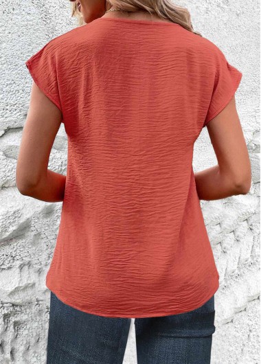 Coral plus size,Plain Color plus size,ROTITA Plus Size Button Coral V Neck Blouse
