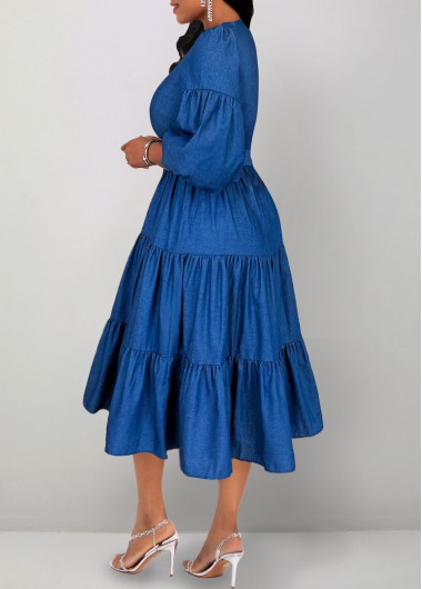 Denim Blue dresses,Plain Color dresses,ROTITA Ruched Denim Blue Belted Round Neck Dress