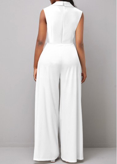 White jumpsuits & rompers,Plain Color jumpsuits & rompers,ROTITA Asymmetry White Long Lapel Sleeveless Jumpsuit
