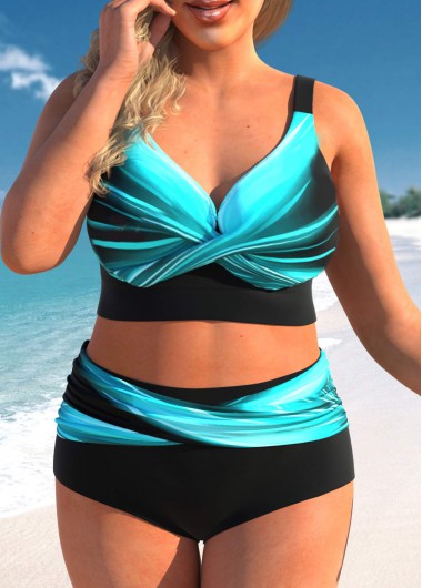 Cyan plus size,Black plus size,Ombre plus size,ROTITA Plus Size High Waisted Criss Cross Ombre Bikini Set