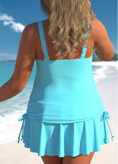 Cyan plus size,Plain Color plus size,ROTITA Plus Size Mid Waisted Circular Ring Cyan Tankini Set