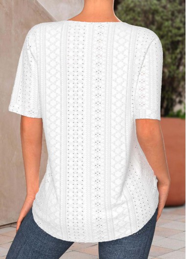 White tops,Plain Color tops,ROTITA Button White Split Neck Short Sleeve Blouse