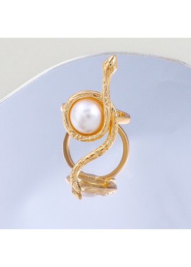 Gold jewelry,White jewelry,Contrast Color jewelry,Gold Metal Pearl Snake Design Ring