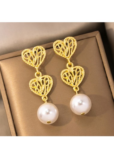 Gold jewelry,White jewelry,Contrast Color jewelry,Heart Shape Design Pearl Detail Gold Earrings
