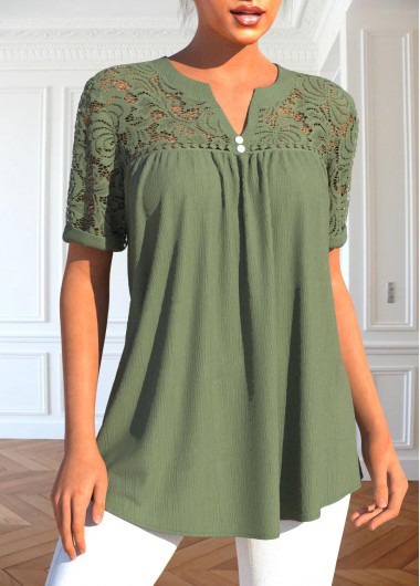 Sage Green tops,Plain Color tops,ROTITA Patchwork Sage Green Split Neck Short Sleeve Blouse