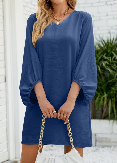 Navy dresses,Plain Color dresses,Lightweight Navy Short H Shape V Neck Dress