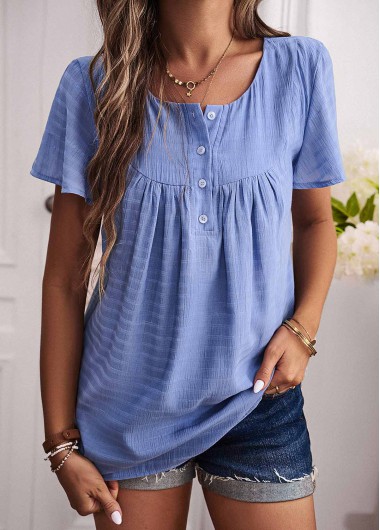Button Dusty Blue Scoop Neck T Shirt