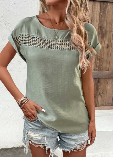 Sage Green tops,Plain Color tops,ROTITA Patchwork Sage Green Boat Neck Short Sleeve Blouse