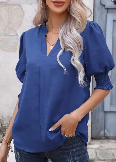 Smocked Dark Blue Split Neck Half Sleeve Blouse