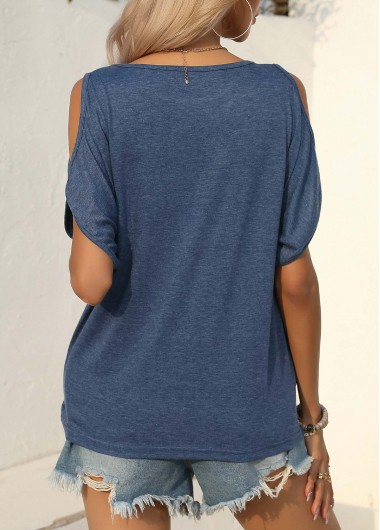Navy tops,Plain Color tops,Cut Out Lightweight Navy Round Neck T Shirt