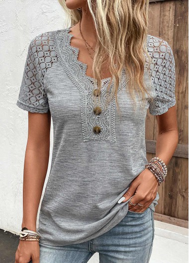 ROTITA Plus Size Lace Grey V Neck T Shirt