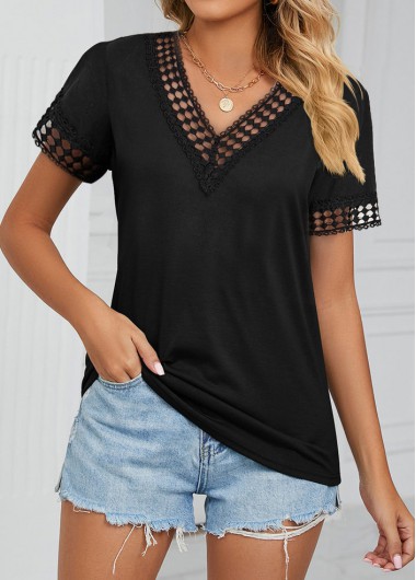 Black tops,Plain Color tops,ROTITA Patchwork Black V Neck Short Sleeve T Shirt
