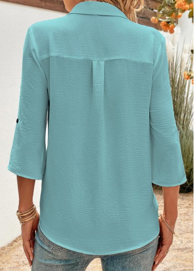 Peacock Blue tops,Plain Color tops,ROTITA Button Peacock Blue Shirt Collar Blouse