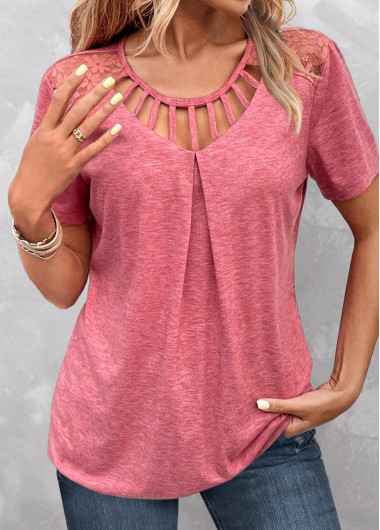 Peach Red tops,Plain Color tops,ROTITA Cage Neck Peach Red Short Sleeve T Shirt
