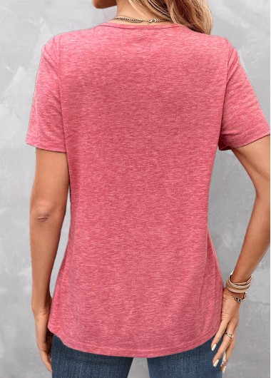 Peach Red tops,Plain Color tops,ROTITA Cage Neck Peach Red Short Sleeve T Shirt