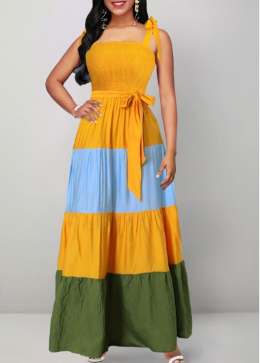 Yellow dresses,Contrast Color dresses,ROTITA Smocked Yellow Belted Square Neck Sleeveless Dress