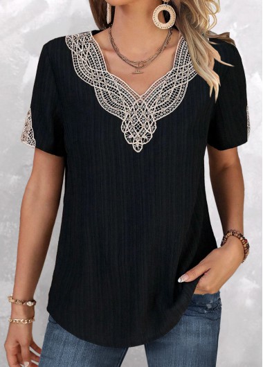 Black tops,Plain Color tops,ROTITA Lace Black V Neck Short Sleeve T Shirt