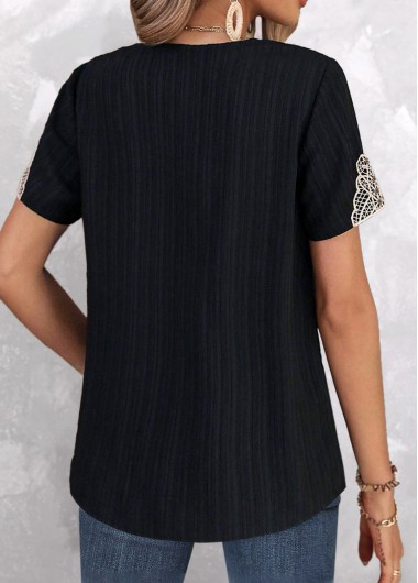 Black tops,Plain Color tops,ROTITA Lace Black V Neck Short Sleeve T Shirt