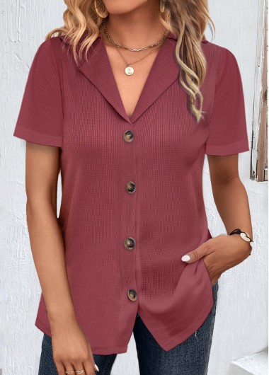 Dark Reddish Purple tops,Plain Color tops,ROTITA Button Dark Reddish Purple Lapel Short Sleeve Blouse