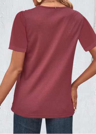 Dark Reddish Purple tops,Plain Color tops,ROTITA Button Dark Reddish Purple Lapel Short Sleeve Blouse