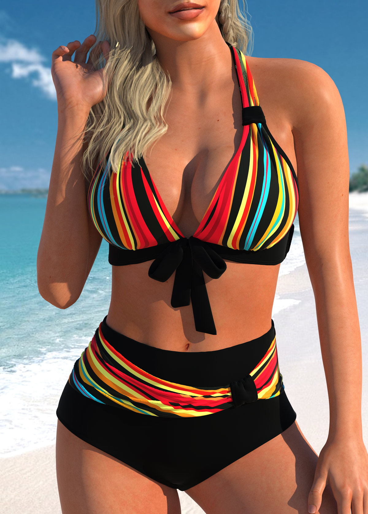 Black swimwear,Striped swimwear,ROTITA Bowknot Rainbow Color Halter Bikini Set