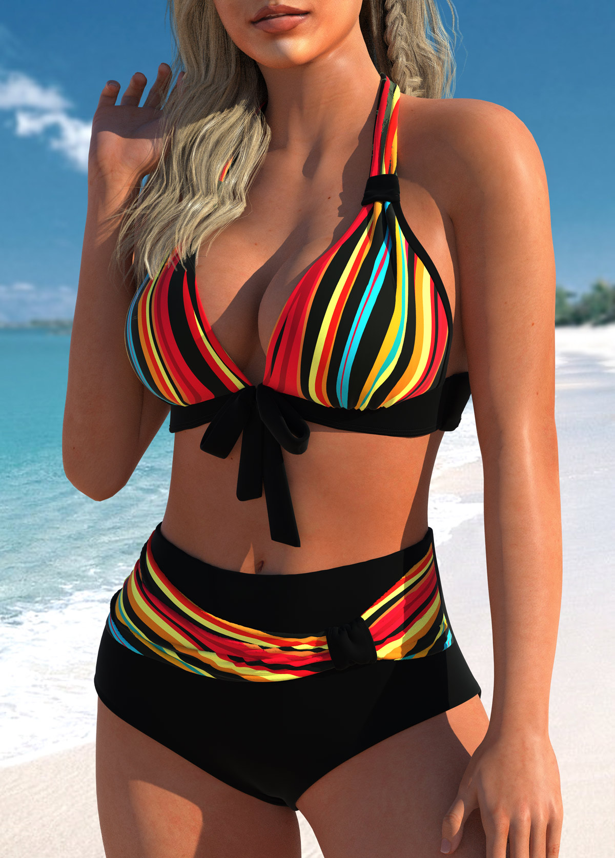 Black swimwear,Striped swimwear,ROTITA Bowknot Rainbow Color Halter Bikini Set
