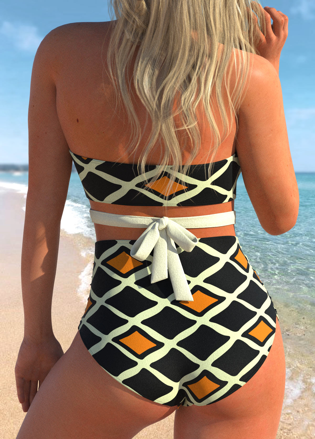Multi Color swimwear,Geometric swimwear,ROTITA High Waisted Geometric Print Halter Bikini Set 