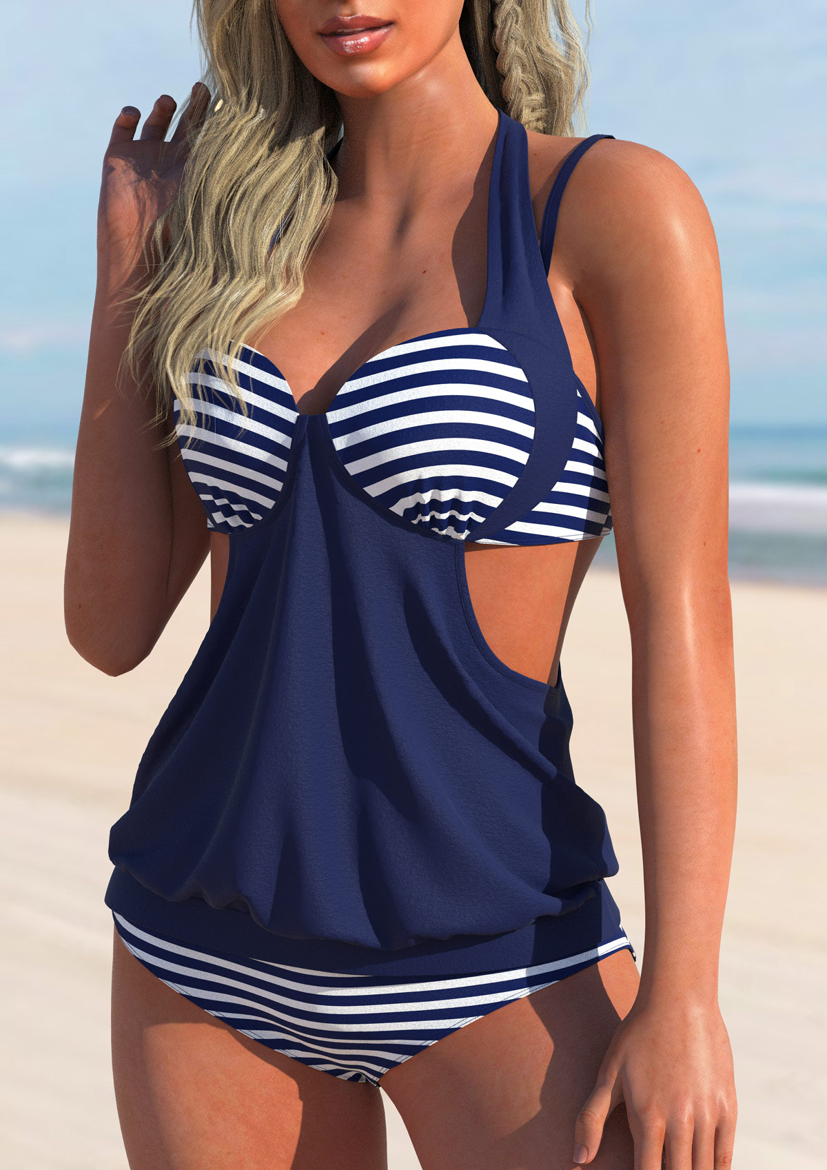 Navy swimwear,Striped swimwear,ROTITA Halter Striped Navy Blue Tankini Set