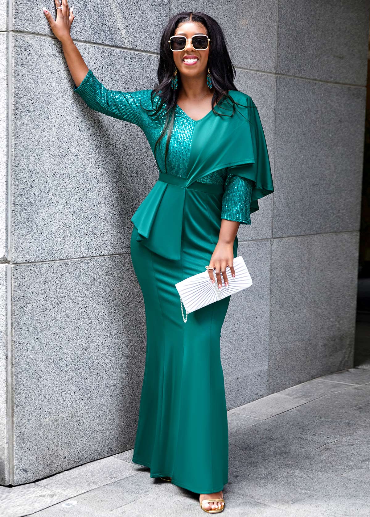 Green dresses,Plain Color dresses,ROTITA Split Green V Neck Mermaid Dress