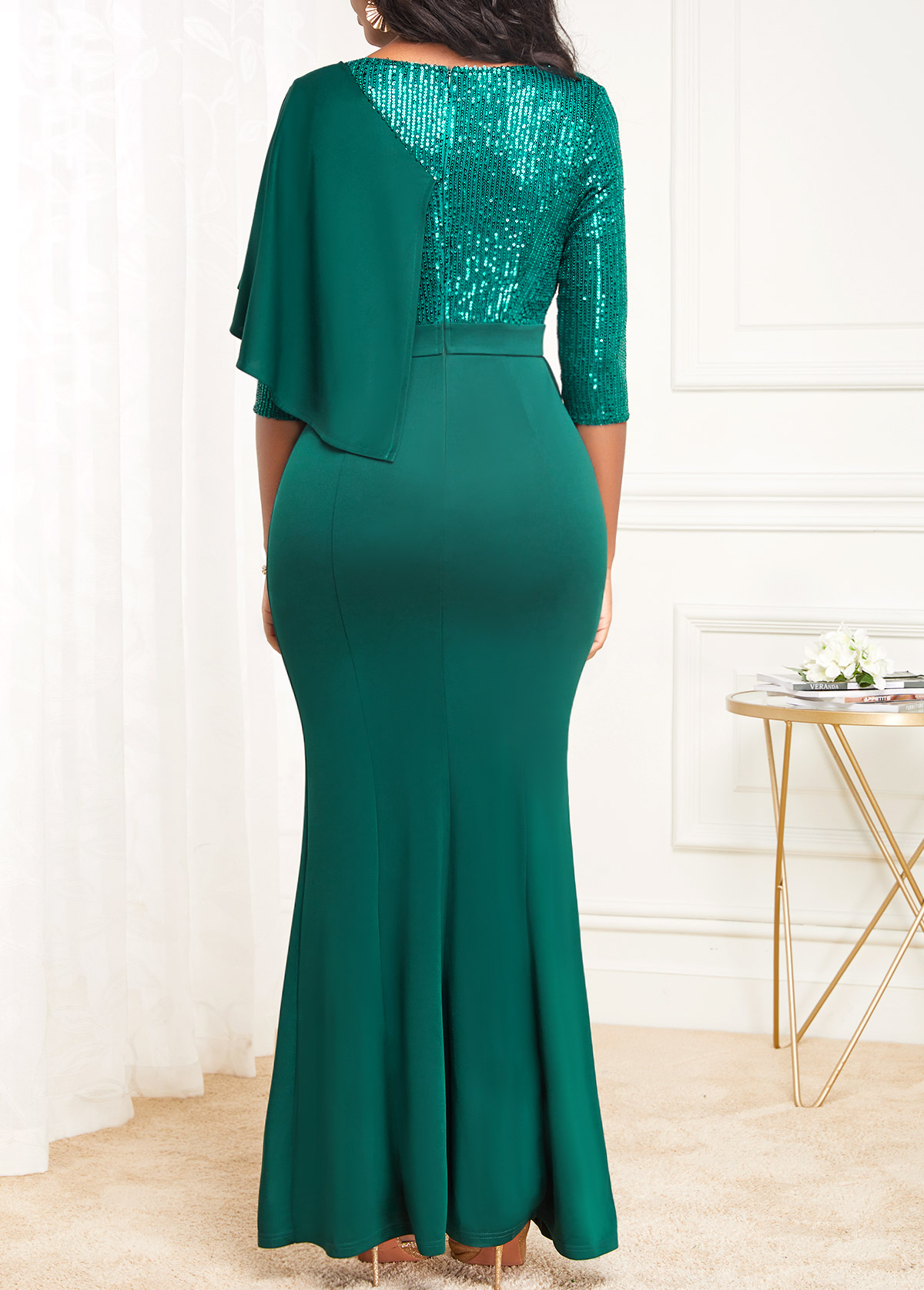 Green dresses,Plain Color dresses,ROTITA Split Green V Neck Mermaid Dress