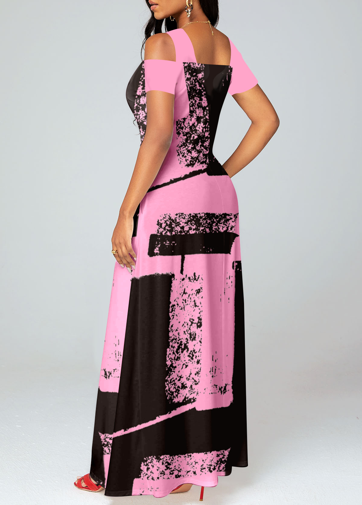Pink dresses,Graphic dresses,Vacation dresses,Vacation dresses,ROTITA Pocket Graffiti Print Pink O Shape Maxi Dress