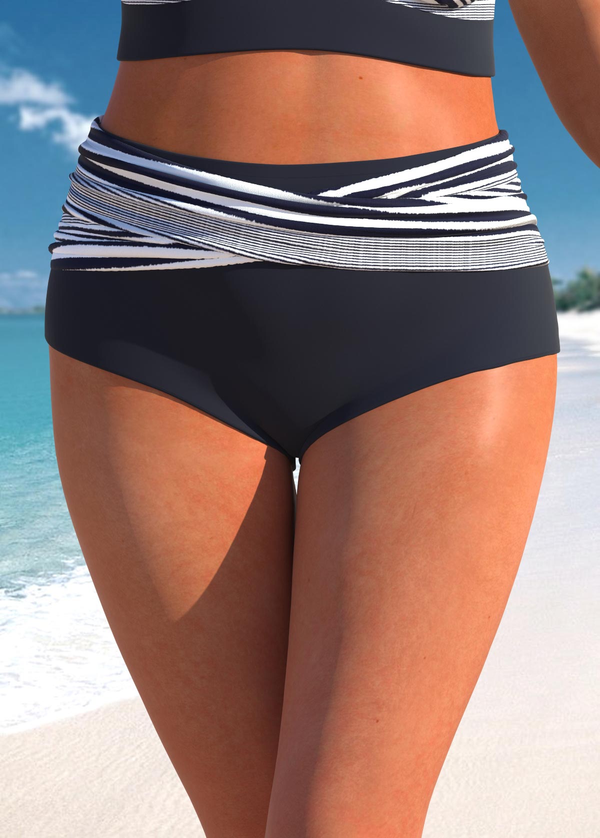 ROTITA Plus Size High Waisted Striped Navy Bikini Bottom