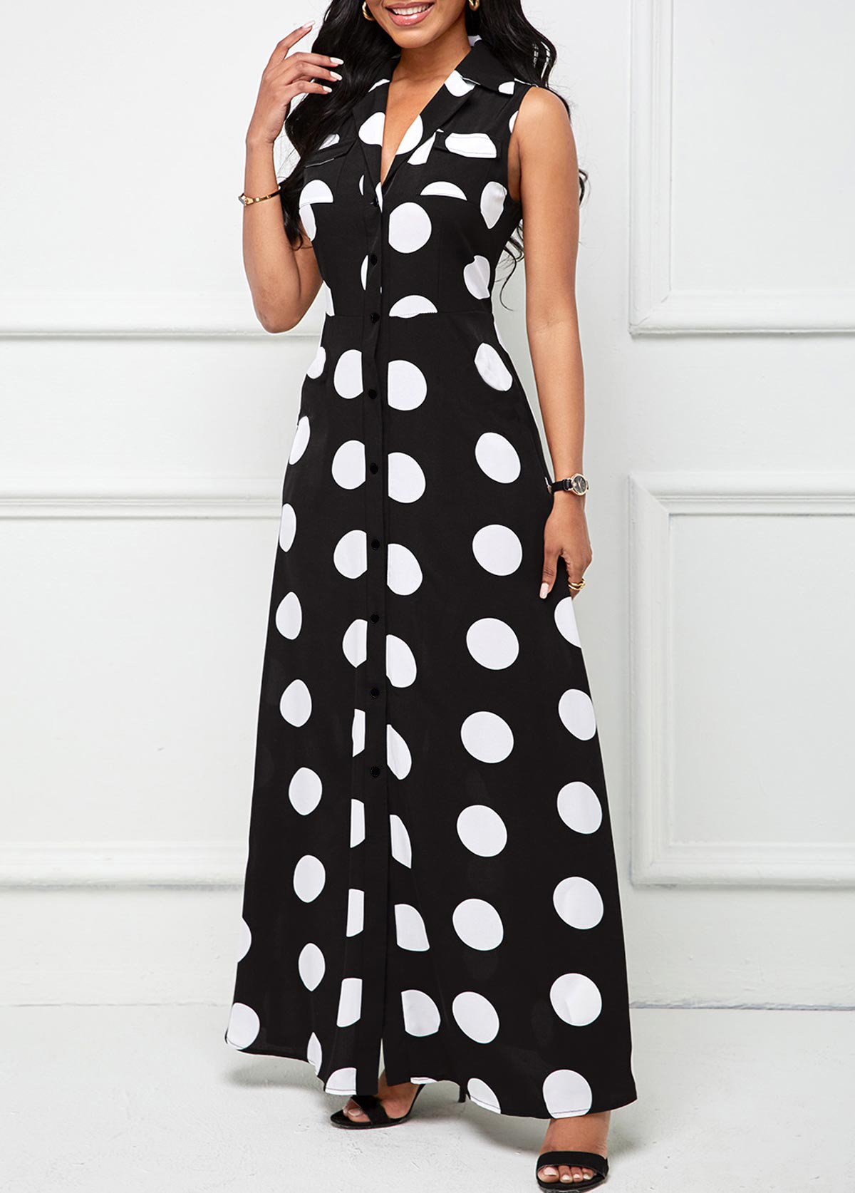 Black dresses,White dresses,Dot dresses,Geometric dresses,ROTITA Button Polka Dot Black Lapel Sleeveless Maxi Dress