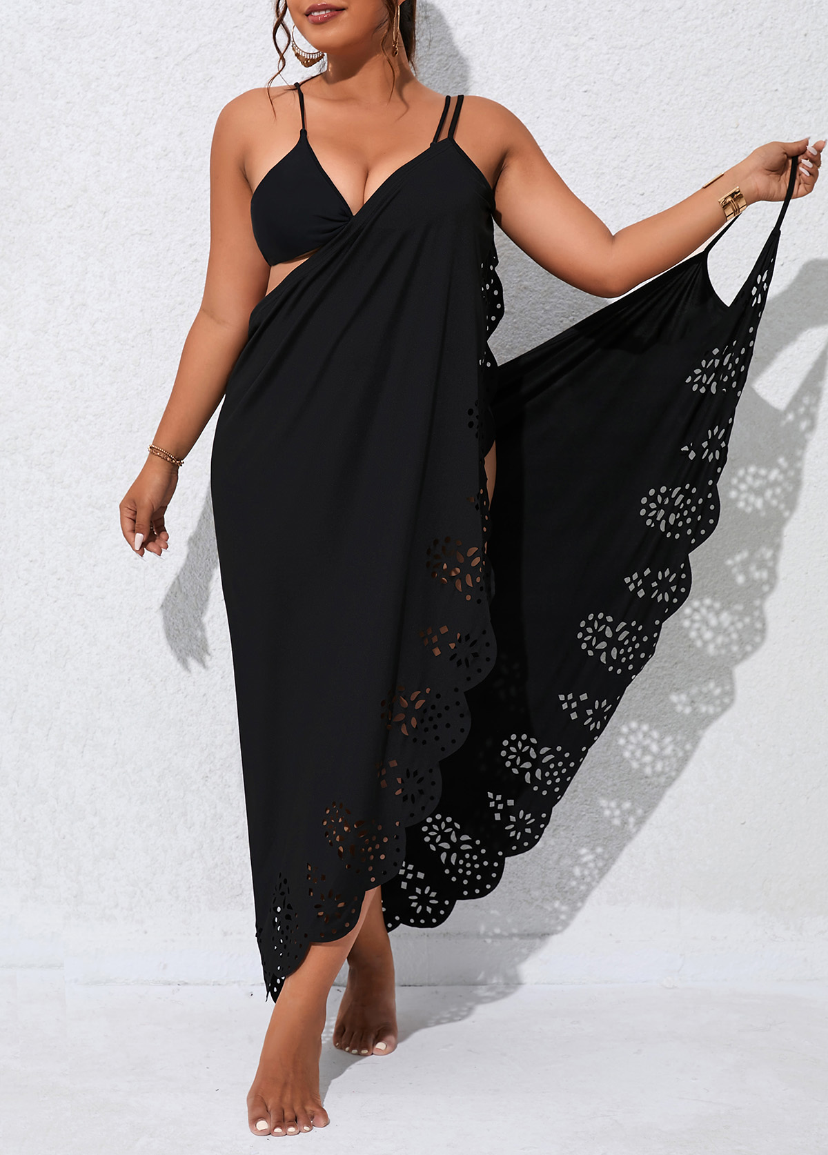 Black Plus Size Burn Out Printing Cover Up